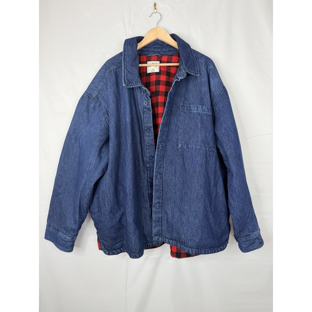 Woolrich Denim Jacket Red Plaid Lined‎ XXL Men's Blue Button Front Vintage NWOT